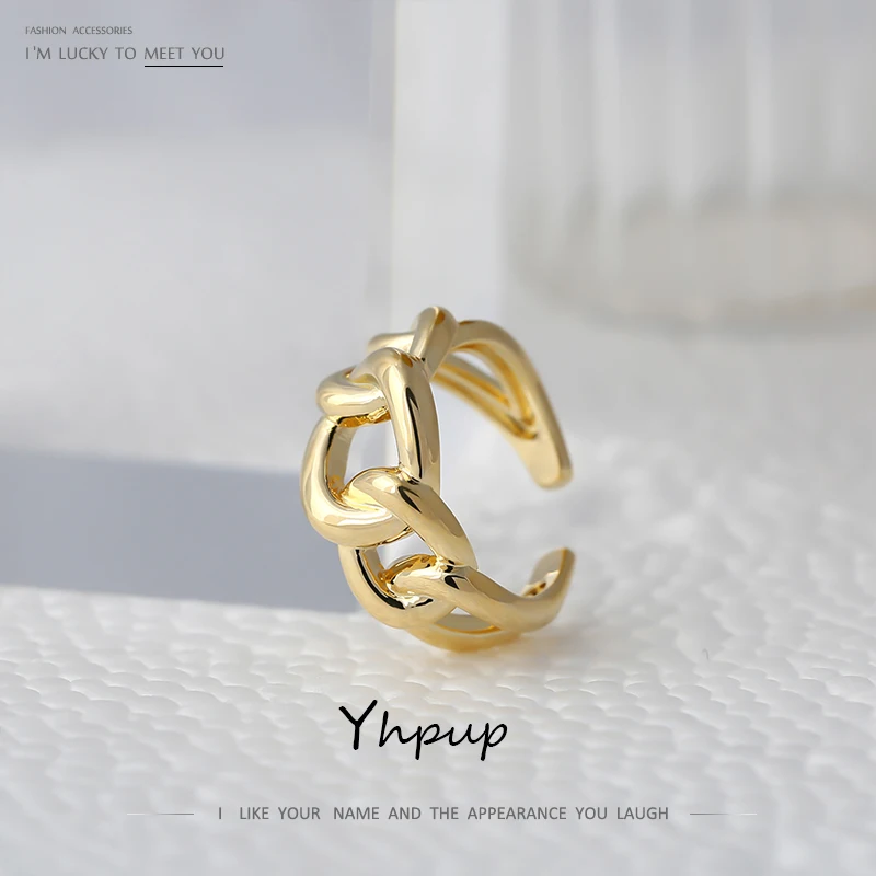 Yhpup Statement Chain Metal Finger Ring for Women Gold Color Adjustable Opening Ring