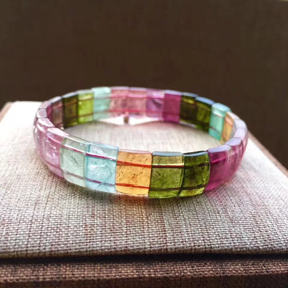 

Genuine Natural Brazil Colorful Tourmaline Bracelet For Women Lady Crystal 11x7.5mm Clear Rectangle Beads Bangle Bracelet AAAAA