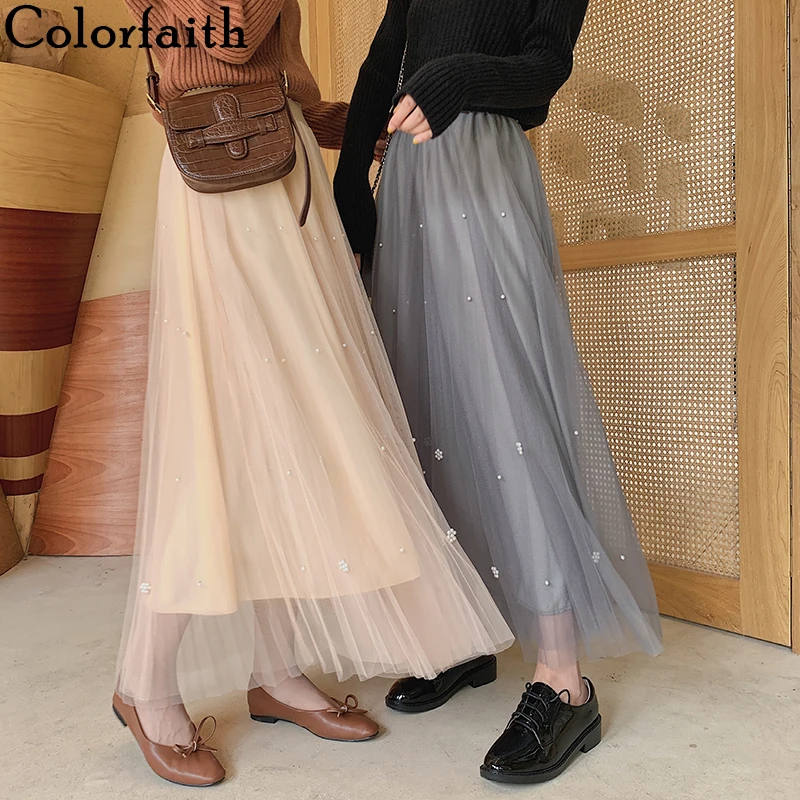 

Colorfaith 2019 Women Autumn Winter Tulle Empire Long Skirt Casual Korean Style Sweet Fashion Ladies Female Elegant Skirt SK7015