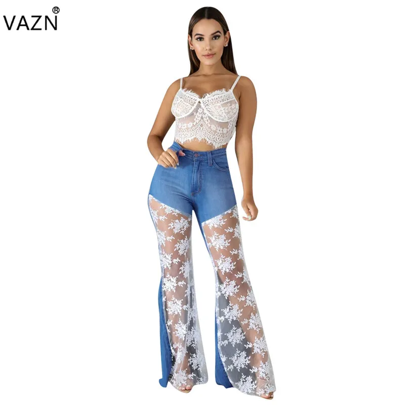 VAZN YZ729 новые специальные 2019 летние сексуальные женские синие длинные джинсы со средней талией buton fly Лоскутные кружевные джинсы сексуальные
