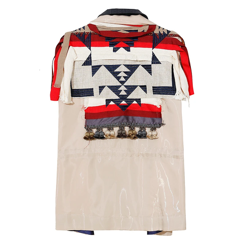

[YaLee] New Fashion 2019 Summer Tassels Notched Short Sleeve Loose Denim Splicing Geometric Embroidery Coat Jacket Women U974