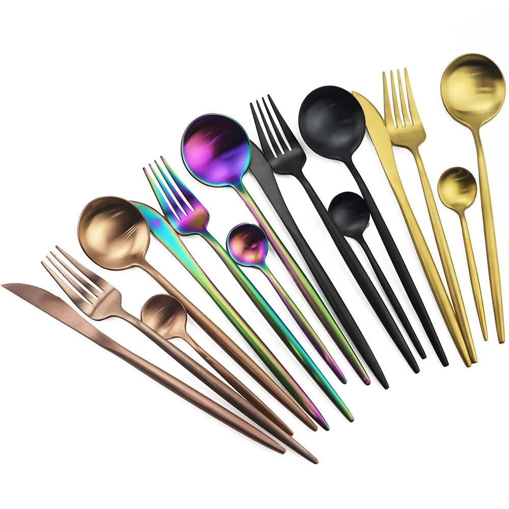 

24Pcs/set Dinnerware Set 304 Stainless Steel Black Gold Rainbow Flatware Set Knife Fork Spoon Tableware Set Dishwasher Safe