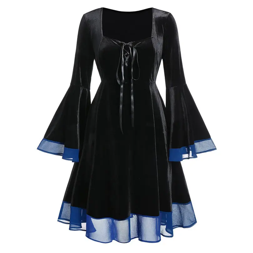 New Fashion Halloween Dress Women Velvet Plus Size Halloween Lace Up Patchwork Long Sleeve Mini Dress Vestidos 4S04 (4)