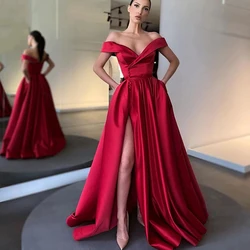 Elegant Off Shoulder Red Satin Prom Dress Floor Length High Side Slit A Line Formal Wedding Evening Party Gown Robe De Soriee