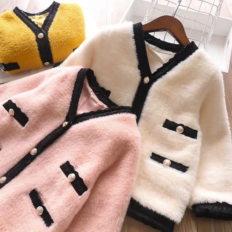 2019 осенне зимняя норковая бархатная куртка с v образным воротником для девочек