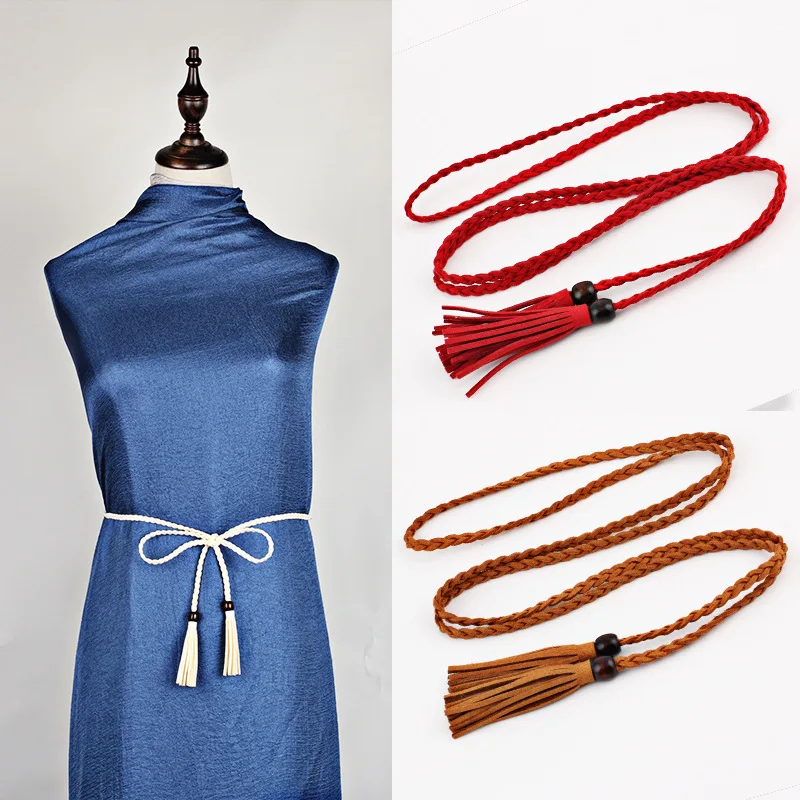 Ladies Dress Belt Women's Fine Belt Wooden Beads Decoration Super Long Waist Chain Super Move Tassel Dress Waist Belt