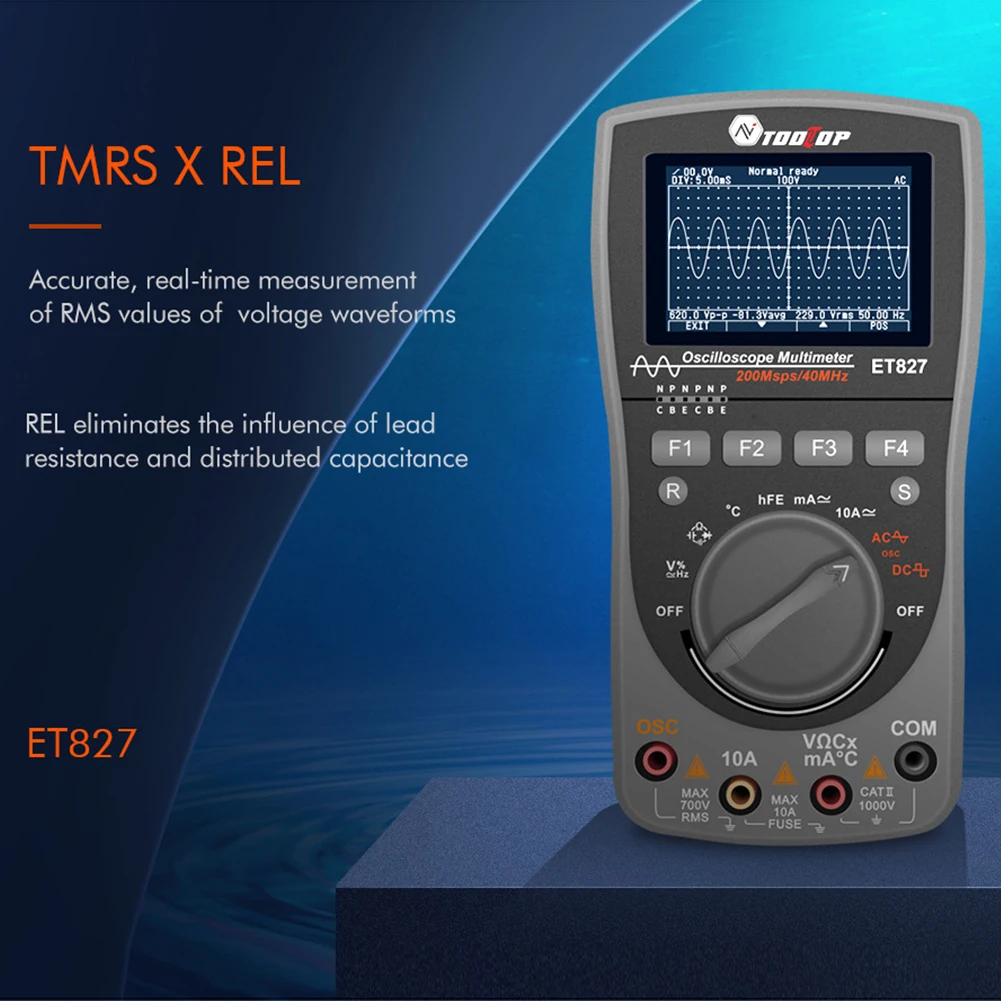 

ET827 Accurate Digital Oscilloscope Handheld Multimeter HD Screen Battery Powered Tester 2 In 1 Overload Protection 200Msps