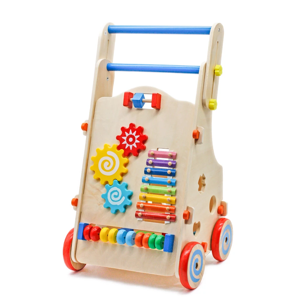  Adjustable Wooden Baby Walker Toddler Toys with Multiple Activity Toys Center