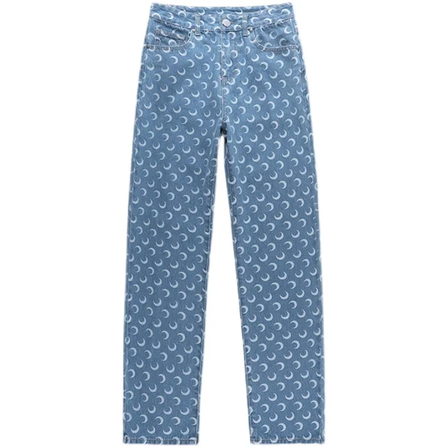Moon Print Pants Straight Leg Mom Jeans Women High Waist Denim Trousers Slim Streetwear 2021 Fashion Y2k Style Baggy Clothing Light Blue