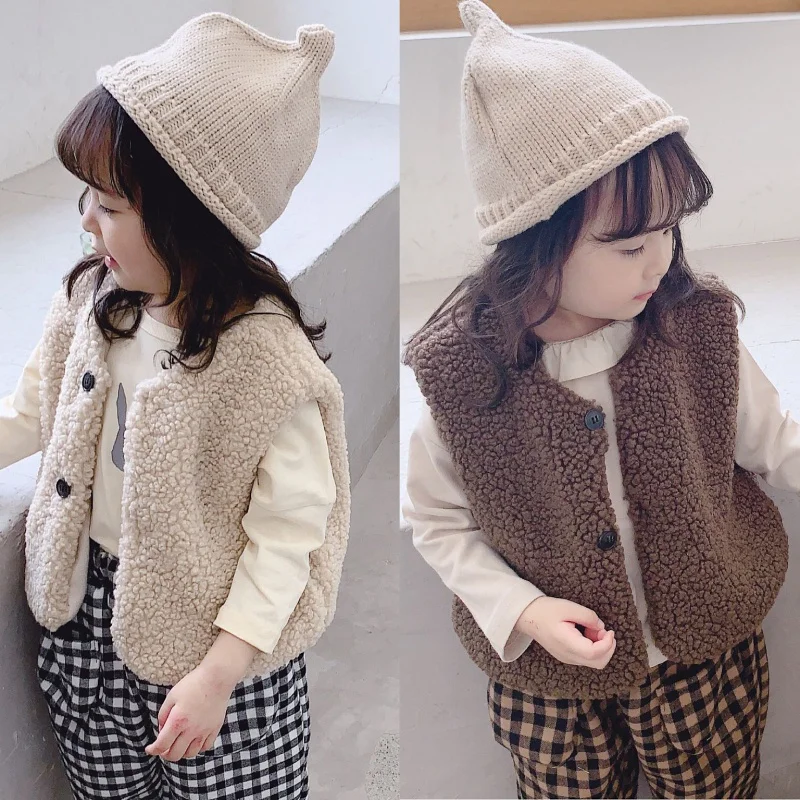 

Winter Children Girls Cute Warm Thick Faux Fur Vest Jacket Solid Color Round Collar Tops Outwears