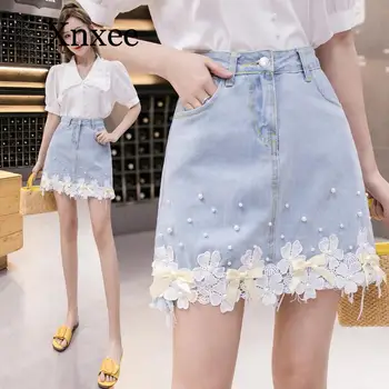 

Fashion Lace Flower Denim Skirt Summer Pearl High Waist Ladies Jean Mini Skirt Causal Korean Slim Girls Short Faldas 2020