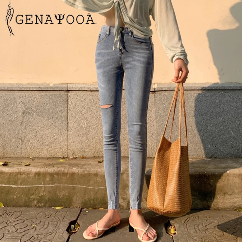 Genayooa высококачественные джинсы с высокой талией женские обтягивающие рваные джинсы для женщин уличная рваные джинсы для женщин корейский стиль