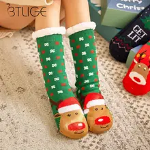 Зимние женские толстые плюшевые хлопковые носки теплые нескользящие носки-тапочки с изображением Санта Клауса и лося Милые Носки с рисунком ковров