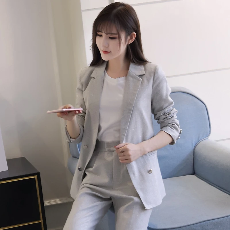 

2019 Autumn New Fashion Pant Suits 2 Piece Set for Women Double Breasted Wool Blazer Jacket & Trouser OL Suit Feminino WS175