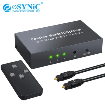 

eSYNiC 3 In 2 Out Optical Switcher Splitter 3x2 3 Port Spdif Toslink Optical Switch With IR Remote Control For LPCM 2.0 DTS