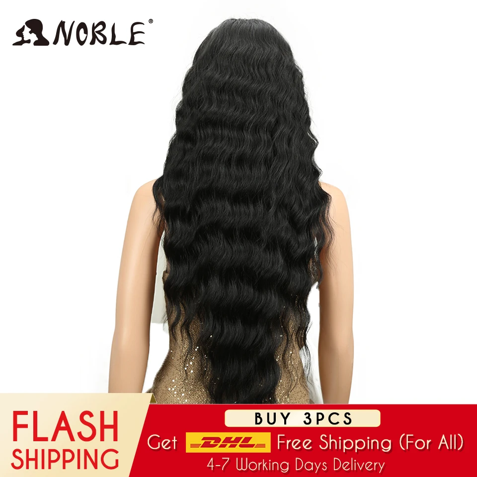 Noble Long Black Wig Deep Wave High Temperature Fiber Middle Part 30 Inch 150% Heavy Density Lace Front Synthetic Wigs For Women