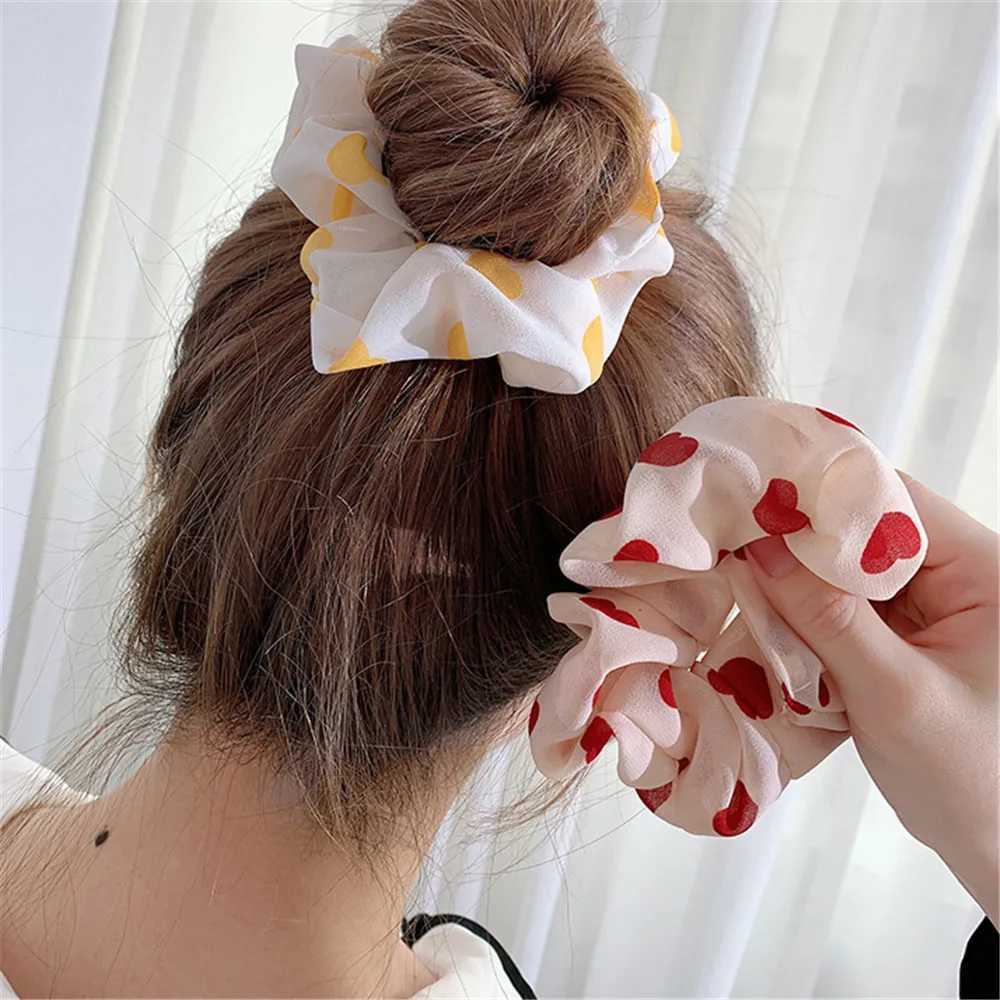

Korean Fashion Women Cute Love Hair Tie Female Chiffon Fabric Hair Ring Elastic Ponytail Holder Headband Accessories