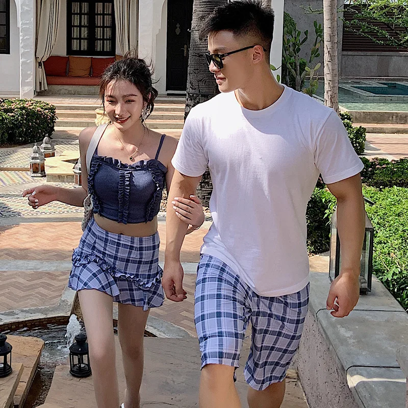 

New Style Blue Plaid Underwire Split Type Bikini Three-piece Set Bathing Suit Student Couples Swimwear MEN'S Beach Shorts