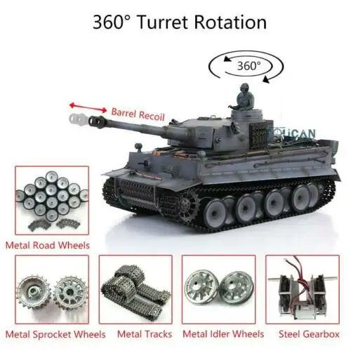 Henglong 1/16 6,0 Tiger I RTR rc tank 3818 FPV камера отдача ствола металлические колеса TH16097 - Color: Gray