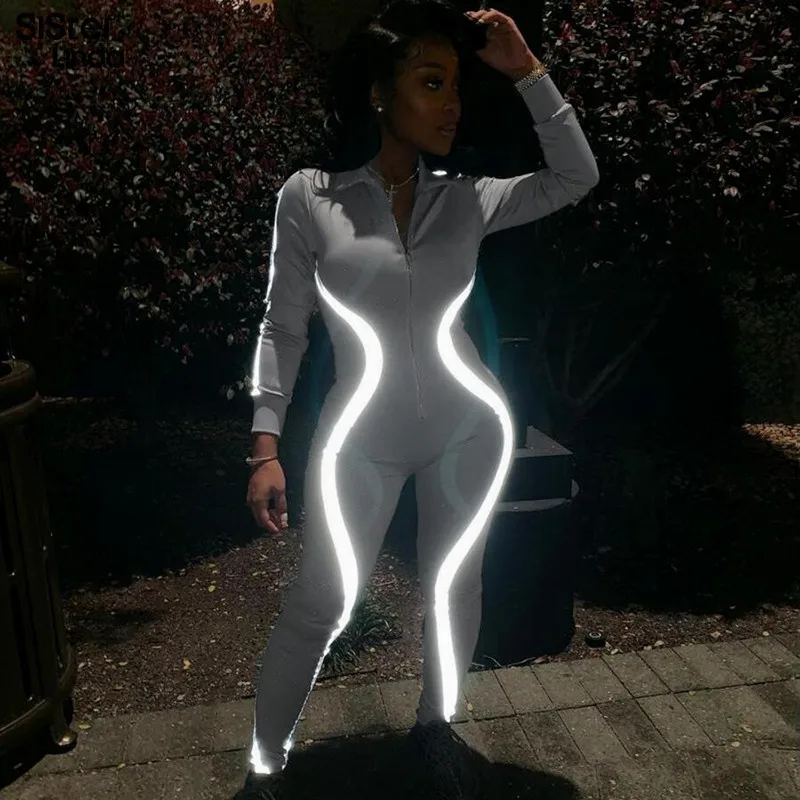 Sisterlinda Sexy Skinny Reflective Striped Patchwork Bodysuit Women 2019New Rompers Womens Jumpsuit High Waist Zipper Playsuite Sisterlinda Sexy Skinny Reflective Striped Patchwork Bodysuit Women 2019New Rompers Womens Jumpsuit High Waist Zipper Playsuite