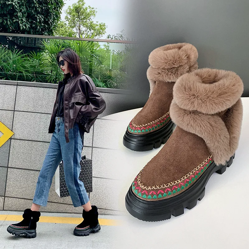 

Genuine Leather Nation Casual Short Boots Women's 2019 Winter New Style plus Velvet Warm Cotton Boots Reversible Cowhide Thick B
