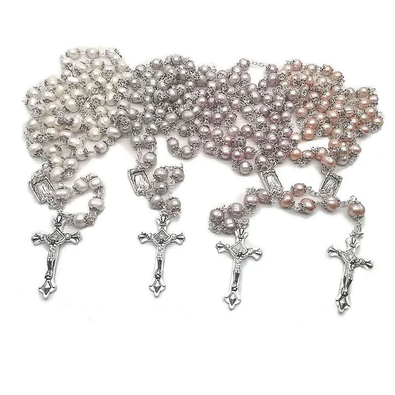 Religious natural freshwater pearl rosary high quality curved needle cross necklace Catholic and can be given as gift can prayer