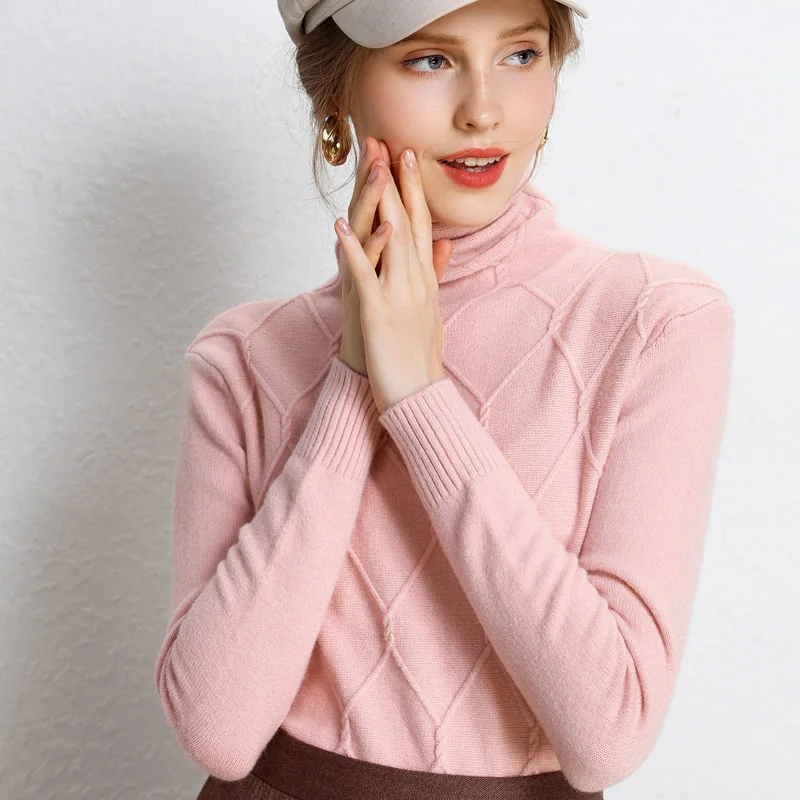 Pink Осень-зима, женский свитер с высоким воротником, толстый кашемировый свитер, длинный рукав, ромбическая решетка, вязаные женские пуловеры - Цвет: Pink
