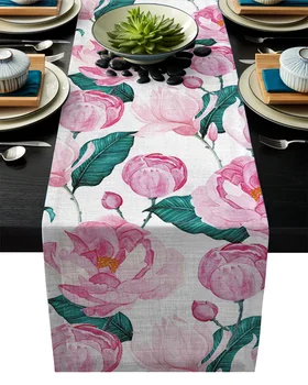 

Spring Pink Flower Green Leaves Pink Table Runner Modern Linen Cotton Table Flag Home Wedding Party Dinning Table Decor