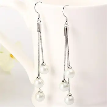 

925 Silver Color Pearl Earring for Women Long Dangle Statement Gemstone Wedding Earrings S925 Aros Mujer Oreja Garnet Earring