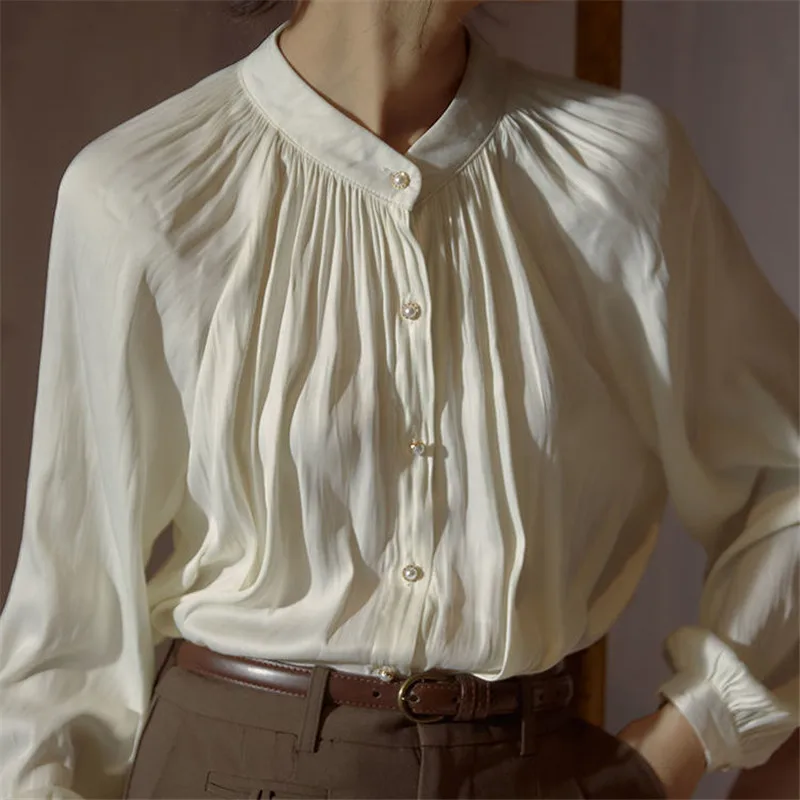 Women Blouse Shirt White Lantern Sleeve Vintage Pleated Satin Shirt Summer Autumn Long Sleeve Shirt Loose Office Ladies Tops 3