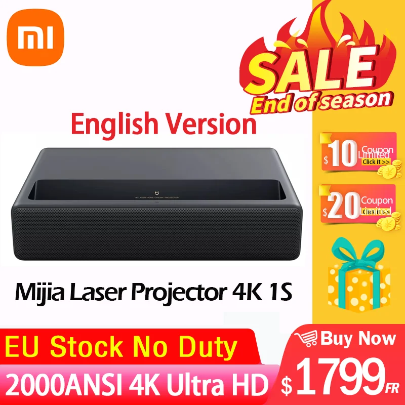Лазерный проектор Xiaomi Mijia ТВ 2000ANSI люменов 3840*2160P 150 дюймов HDR10 2 ГБ + 16 ALPD3.0 Android Wi-Fi |
