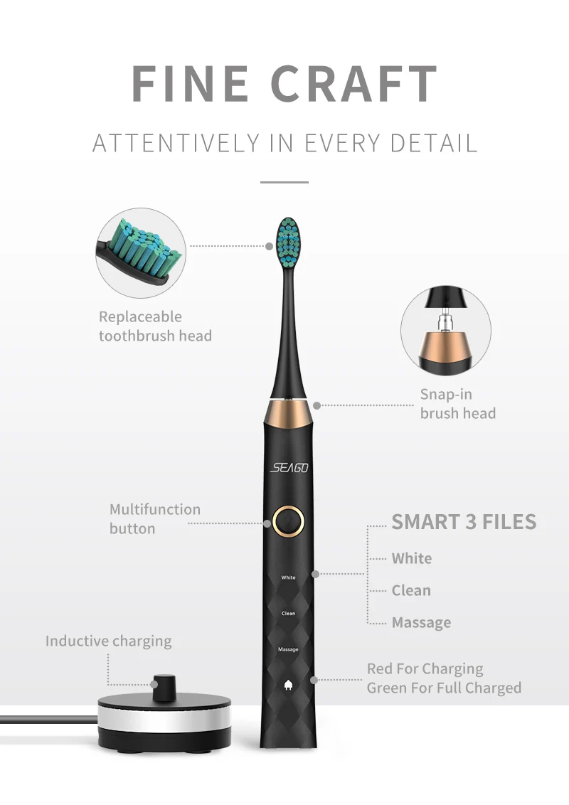 SEAGO Sonic Electric Toothbrush Upgraded Adult Rechargeable Wireless Waterproof Automatic Toothbrush with 3 Brush Heads Gift SEAGO Sonic Electric Toothbrush Upgraded Adult Rechargeable Wireless Waterproof Automatic Toothbrush with 3 Brush Heads Gift