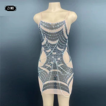 

mesh Rhinestones sparkly See through Metal chain belt Sleeveless slip Dress Dance Show tight nightclub Birthday Outfit Dresses