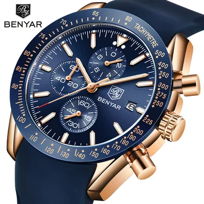 BENYAR Men Watches Brand Luxury Silicone Strap Waterproof Sport Quartz Chronograph Military Watch Men Clock Relogio Masculino