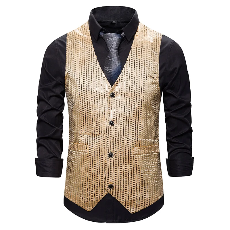Men Vest Waistcoat Wedding Party Prom Glitter Sequinn Gilet Costume Homme Solid Single Breasted Slim Mens Dress Vests Clothing - Color: Golden