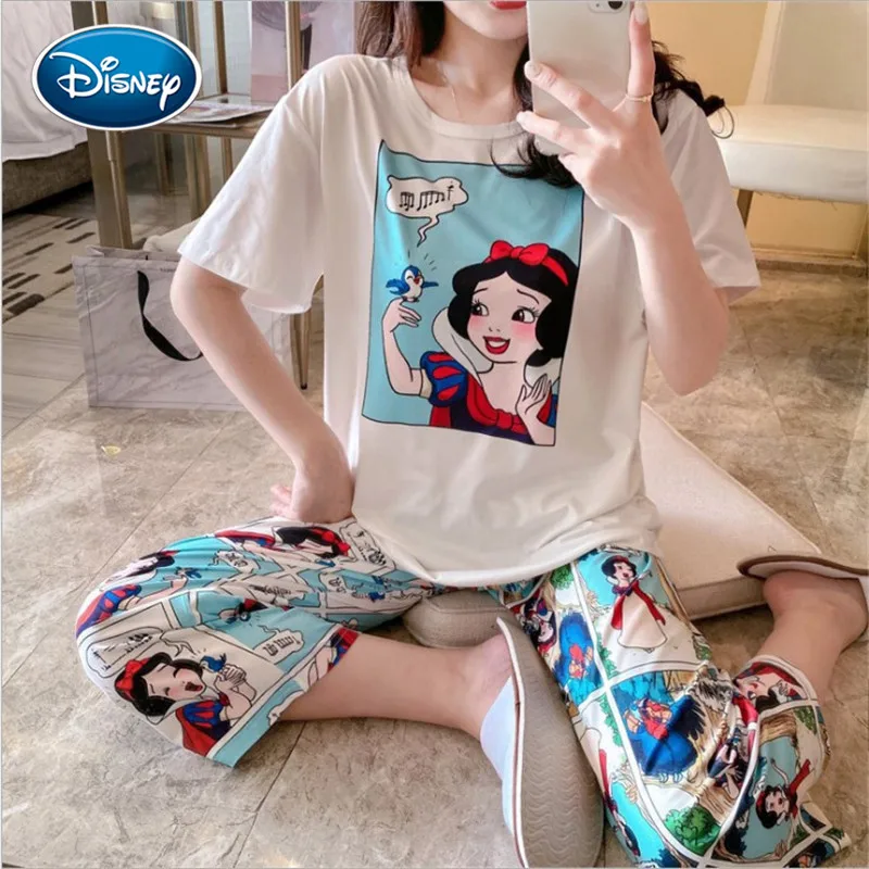 Suit Pajamas Snow-White Mickey Fashion Disney Summer Print Short Cropped-Pants Comic