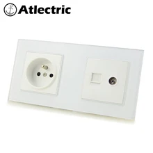 Atlectric FR стандартная настенная розетка RJ45 Компьютер ТВ PC ПОРТ двойная розетка электрическая розетка закаленное стекло панель розетки