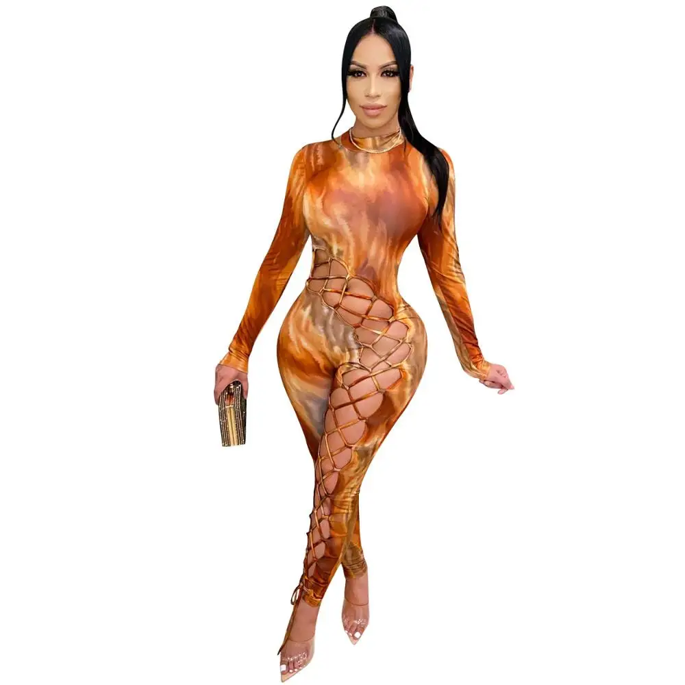 

Adogirl Women Tie Dye Print Jumpsuit Sexy Hollow Out Lace Up Bandage Romper O Neck Long Sleeve Skinny Playsuit Fashion Clubwear