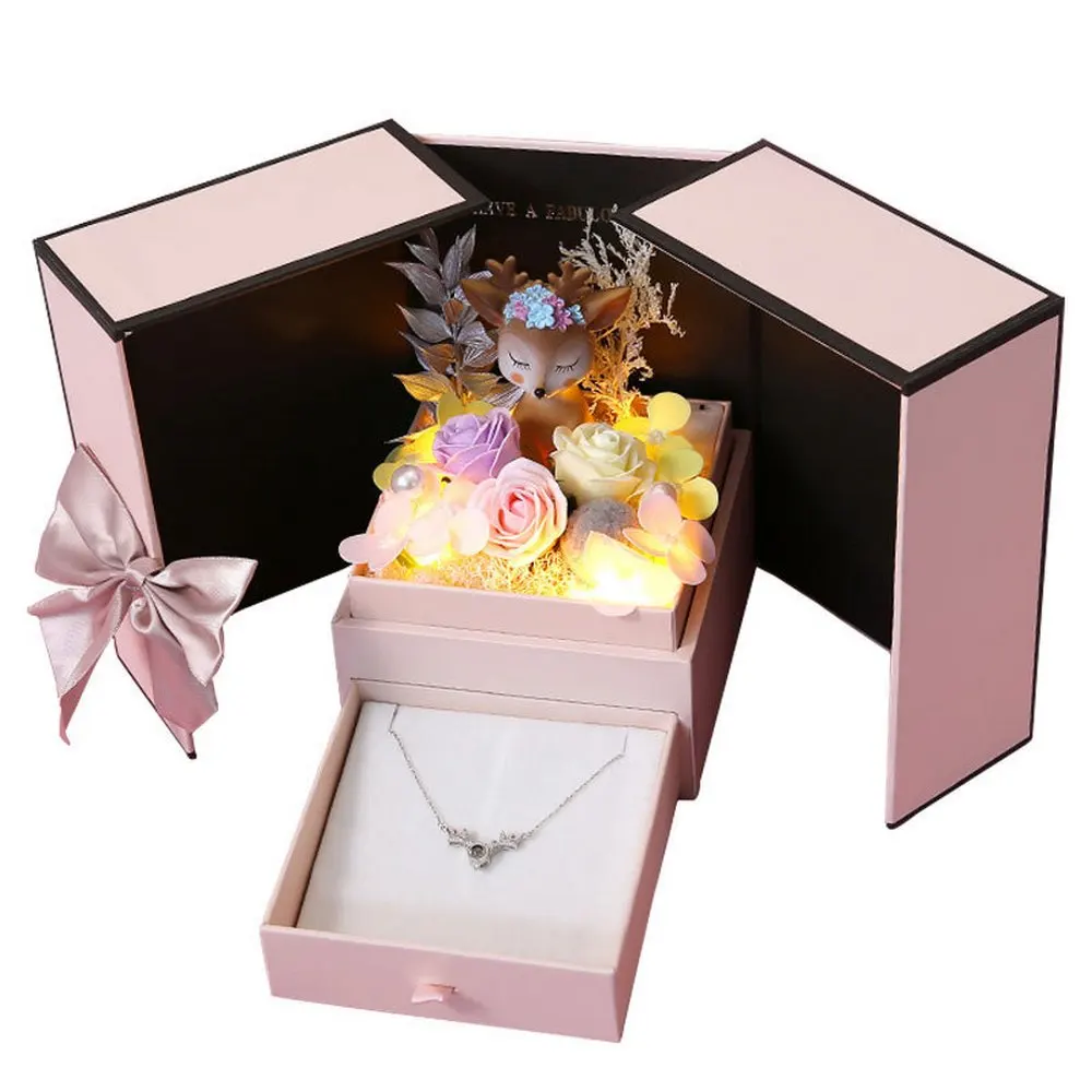 Eternal Flower Gift Box Forest Fawn Creative Simulation Floaral Art Carnation Soap Flower LED