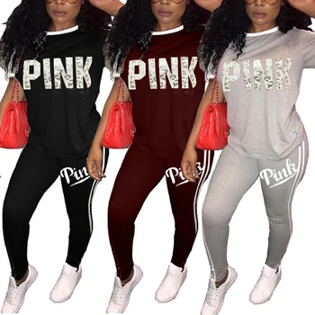 

Plus Size Pink Tracksuits Women Striped 2 Piece Sets Casual Pants Set Summer Female Tracksuit Suit Sets Conjunto Feminino