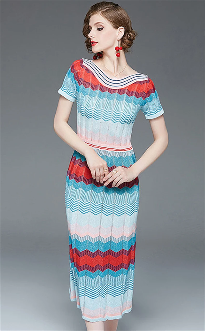 CAMIA vestido longo с вырезом лодочкой, золотистой линией, с полым контрастным цветом, с короткими рукавами, вязаное элегантное платье, женское платье