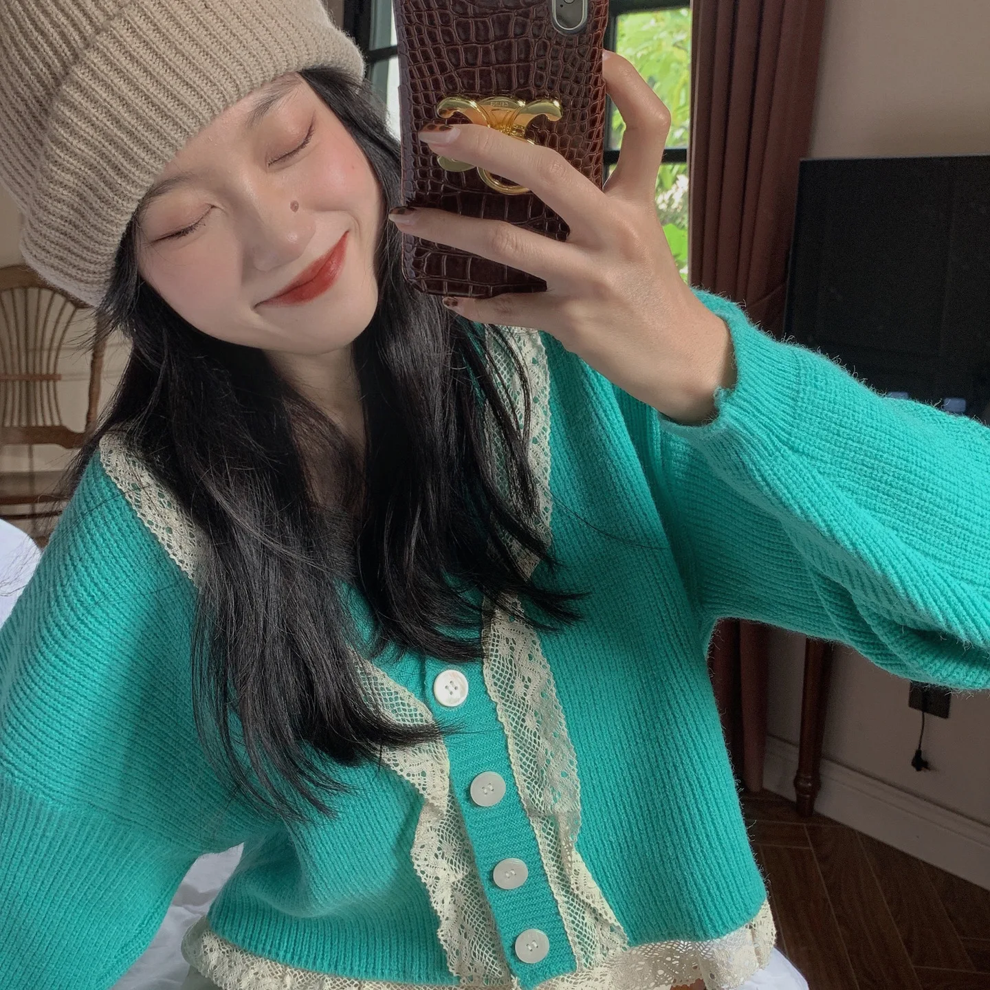 

Lace Collage Cropped Cardigan Sweater Women 2020 Winter Sweet Loose V Neck Long Sleeve Single Breasted Knitted Top