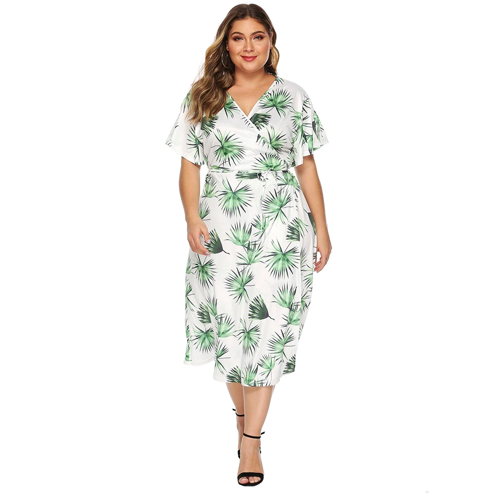 

Elegant Boho Leaf Printing Dress Woman Fashion Short Split Sleeve V-neck Clothes Plus Big Size Open Stitch Vestidos with Sashes