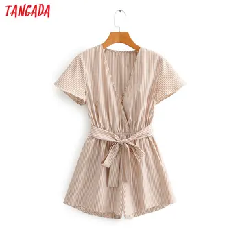 

Tangada Fashion women striped print summer playsuit short Sleeve with slash Female sexy beach playsuit 1F121