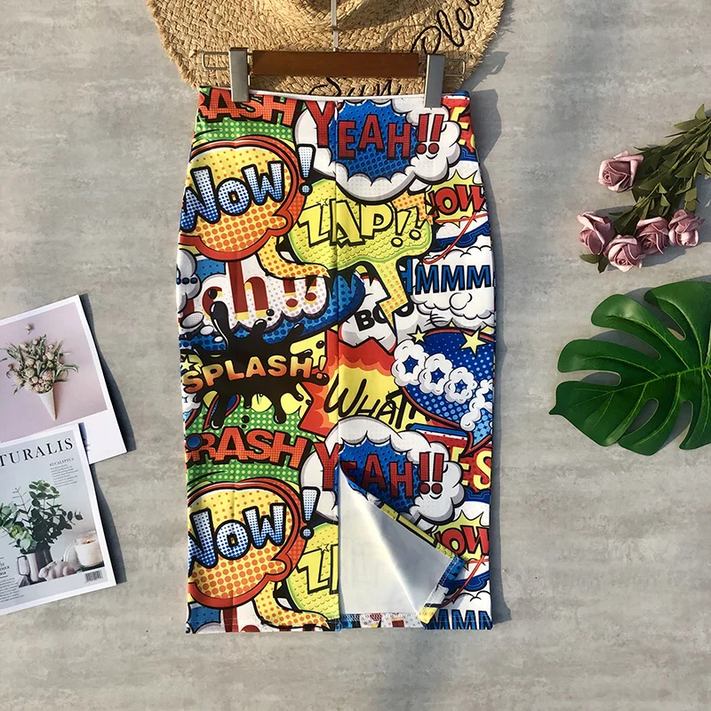 Women Skirts Cartoon Printing High Waist Pencil Skirts Graffitic Funny Bodycon Cotton Skirts Streewear