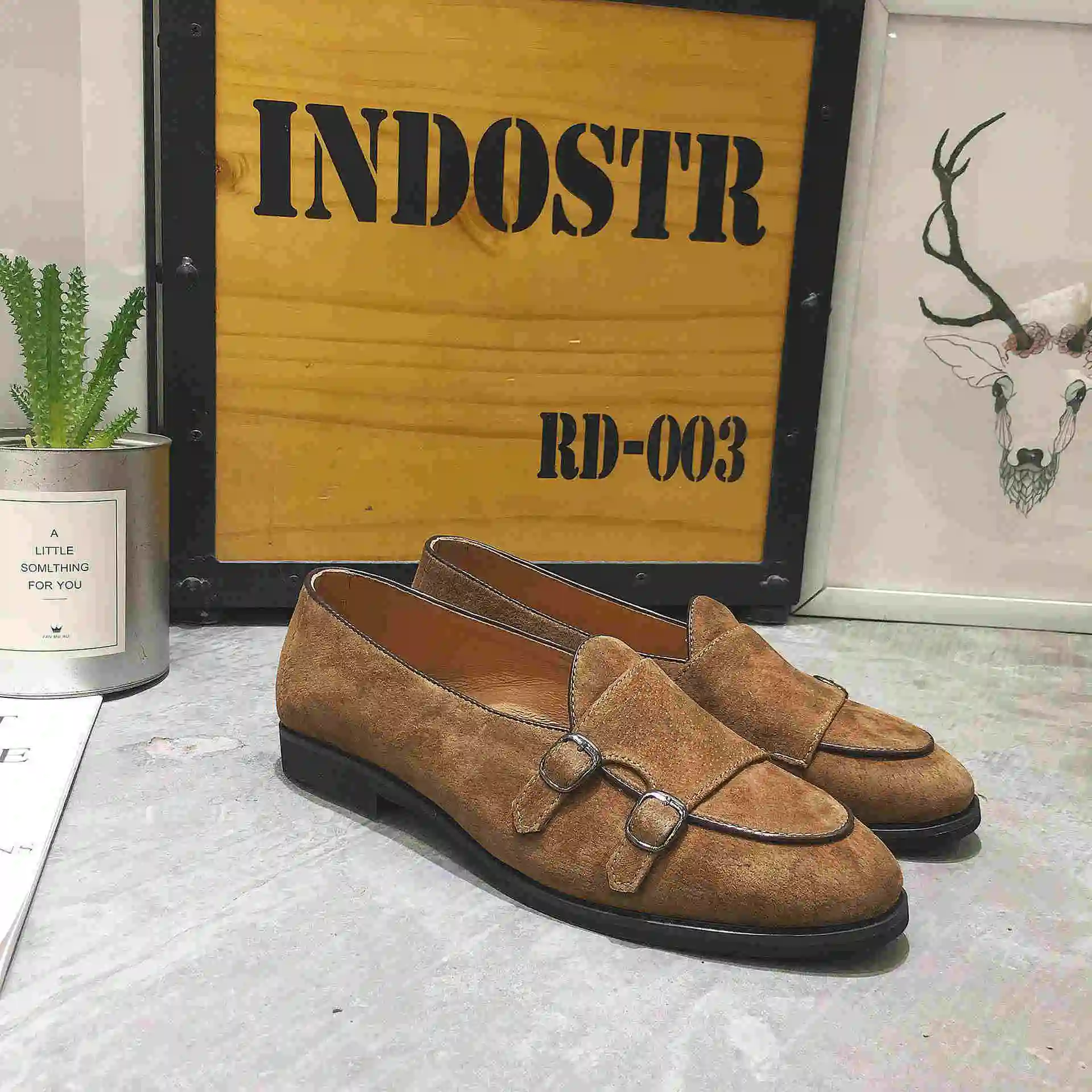 Fashion Men Loafer New Handmade Retro double monk buckle straps Casual Shoes Men Moccasins For Men Leather Flat Shoes