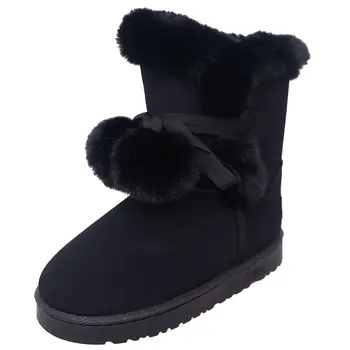 

2020 New Women's Flat heel boots Suede Shoes woman Round head Solid Color Hairy ball Women's Winter boots Size 36-40 botas mujer