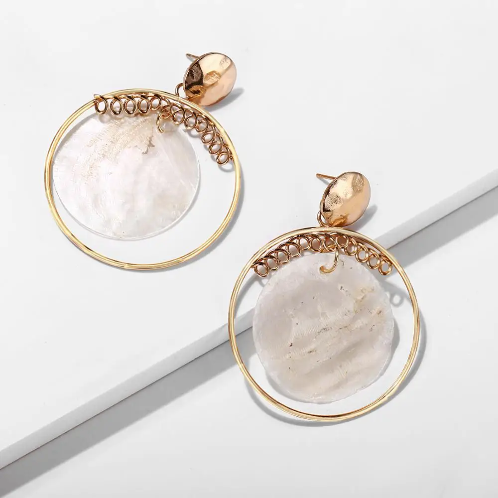 

ZA New Boho Geometric Round White Shell Dangle Earrings For Women Fashion Statement Gold Big Circle Drop Earring Wedding Jewelry