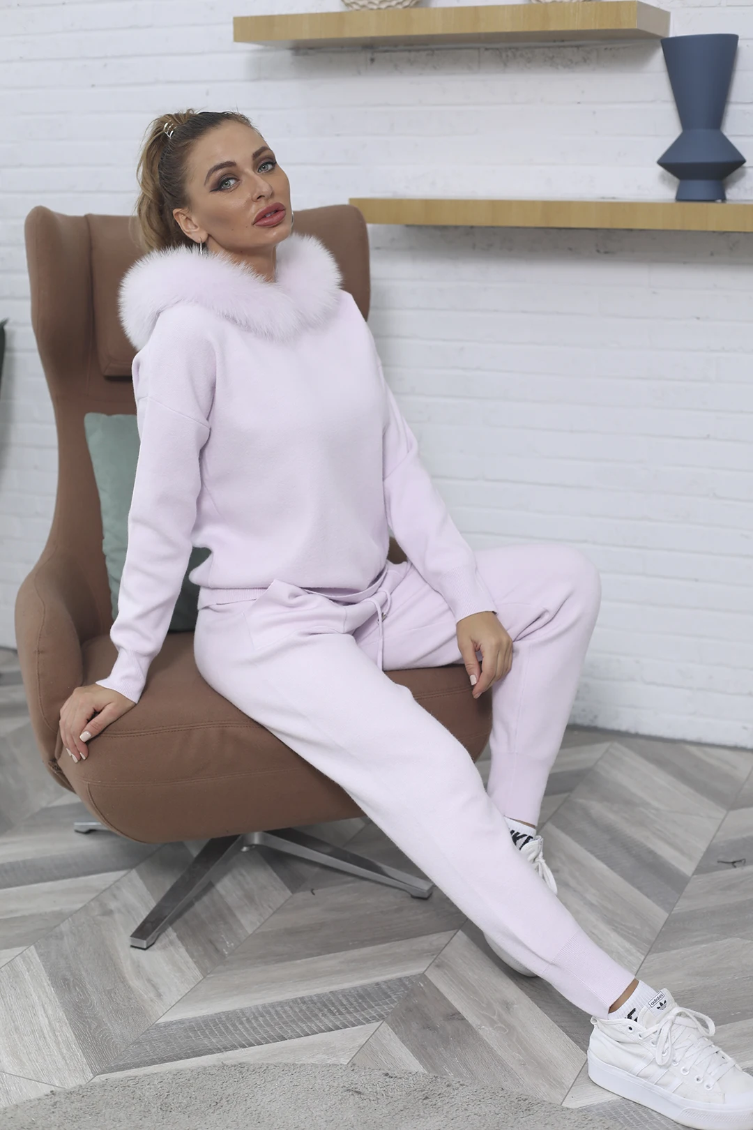 pink jogging suit 2021 Women's Suit Fashion Casual Lounge Set Knitted Suit Solid Loose Hoodie With Real Fur Collar Fall Clothes For Women evening pant suits