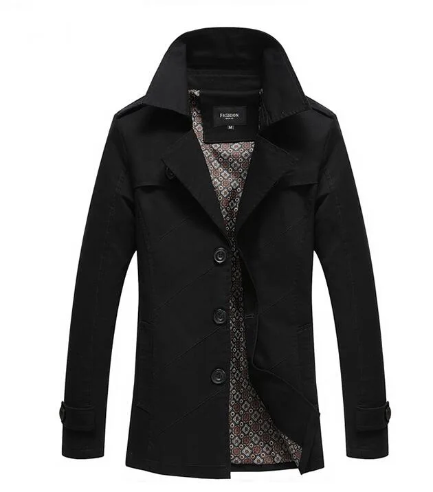 Мужские весенние деловые повседневные тренчи пальто куртка мужская брендовая Модная хлопковая однотонная промытая Тренч Мужская ветровка верхняя одежда - Цвет: Черный